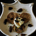 Chestnut pancakes with shallots, poached egg, truffle and morel mushrooms